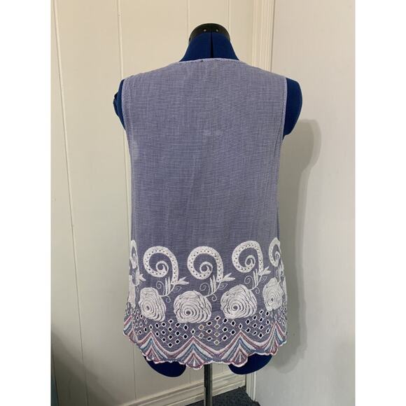 Talbot's Tunic Top L Sleeveless Pullover Embroidered Beaded Blue striped Coastal - Picture 3 of 7